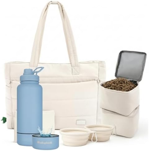 Rubyloo Dog Mom Essentials Bundle - Puffer Tote with Storage Containers (Beige) and 32 oz Water Bottle with Detachable Bowl (Solid Dusty Blue) - Travel Bag and Hydration Set by Rubyloo