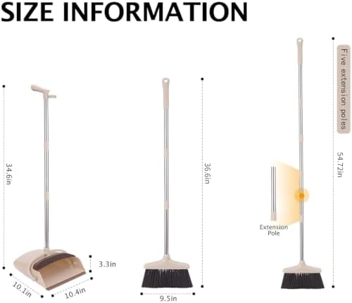 Broom and Dustpan Set with Long Handle, Light Weight Stainless Steel Poles Stand Upright Dustpans with Broom Combo for Home Kitchen Office Pet Dog Hair, Brown & Beige Color, 1-Pack - Image 2