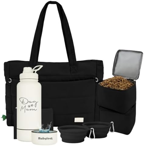 Rubyloo Dog Mom Essentials Bundle - Puffer Tote with Storage Containers (Black) and 32 oz Water Bottle with Detachable Bowl (Dog Mom) - Travel Bag and Hydration Set by Rubyloo