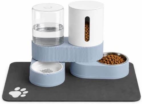 Gravity Cat Feeder 2 Pack Automatic Food Feeder Stainless Steel Water Dispenser Set 360 Degree Rotatable Pet Bowls with Silicone Mat for Cats Small Medium Dogs, Large Capacity(Blue) by ZBIAOJNU