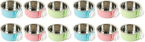 kathson Crate Dog Bowl, Removable Stainless Steel Hanging Pet Cage Bowl Food & Water Feeder Coop Cup for Cat, Puppy, Birds, Rats, Guinea Pigs (6 PCS, Size: M, 2×Blue,2×Green,2×Pink) (Pack of 2) by kathson