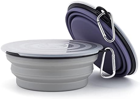 SLSON Dog Bowls Pet Collapsible Bowl with Cover Lids,2 Pack Dog Travel Bowls Portable Foldable Cat Water Dish Bowl for Pets Walking Parking Camping (Taro Purple and Concrete Gray, Large) - Image 3