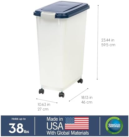 IRIS USA Airtight Dog Food Storage Container, Up to 38 lbs, Attachable Wheels, For Dog Cat Bird and Other Pet Food Storage Bin, Keep Fresh, Easy Mobility, BPA Free, Navy/Pearl - Image 4