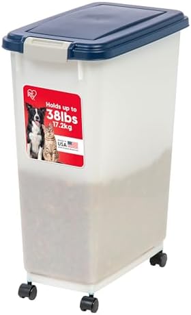 IRIS USA Airtight Dog Food Storage Container, Up to 38 lbs, Attachable Wheels, For Dog Cat Bird and Other Pet Food Storage Bin, Keep Fresh, Easy Mobility, BPA Free, Navy/Pearl by IRISUSA