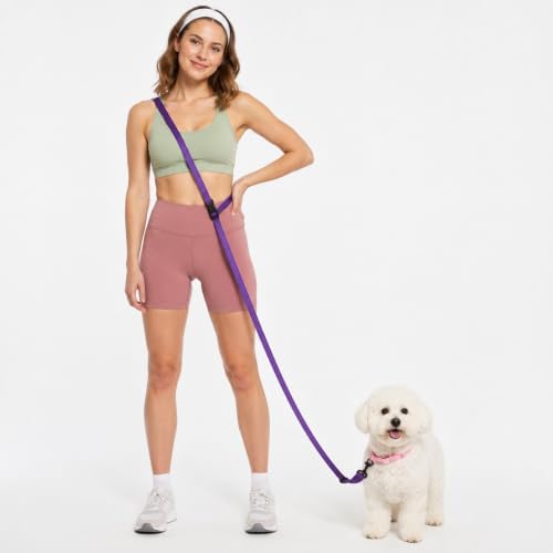 Kazazoo Hands-Free Dog Leash Adjustable Length 5-8 Ft,Waist & Crossbody Leash for Walking with Small Dogs Bichon Frisé & Teddy Reflective Strips, Ballistic Nylon, Waist Belt, Lightweight Purple by Kazazoo