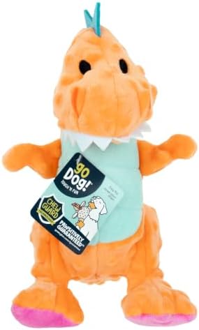 goDog Dinos T-Rex Squeaky Plush Dog Toy with Chew Guard Technology, Durable Fabric & Squeaker for Active Play, Orange, Medium by goDog