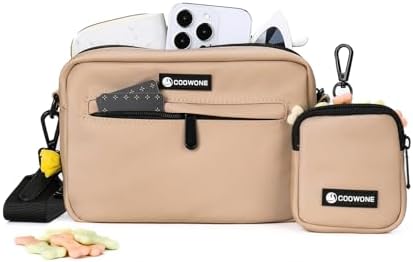 Dog Treat Pouch with Removable Small Pet Training Treat Pouches, Built-in Poop Bag Dispenser, Adjustable Shoulder Strap Cross Body Dog Walking Bag (Coffee) by COOWONE