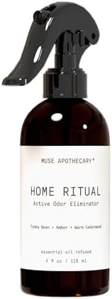 Muse Apothecary Home Ritual Active Odor Eliminator Spray - Furniture Deodorizer Spray & Bathroom Odor Eliminator for Home - Essential Oil Air Freshener - 4oz, Tonka Bean + Amber + Warm Cedarwood by MuseApothecary