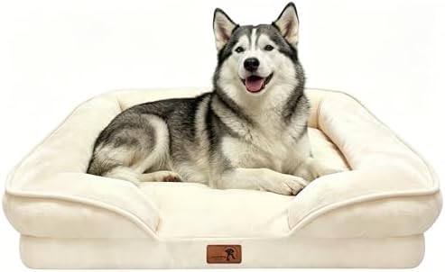 Spotted Play Orthopedic Dog Bed with Sides - Sofa Beds for Large Dogs, Supportive Foam Pet Couch Bed with Washable Removable Cover, Waterproof Lining and Non-Slip Bottom, Ivory - L-Plus by Spotted+Play