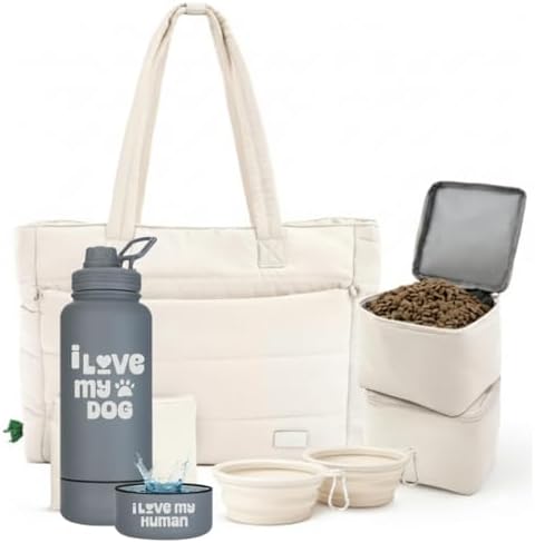 Rubyloo Dog Mom Essentials Bundle - Puffer Tote with Storage Containers (Beige) and 32 oz Water Bottle with Detachable Bowl (I Love My Dog) - Travel Bag and Hydration Set by Rubyloo