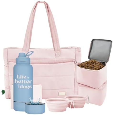 Rubyloo Dog Mom Essentials Bundle - Puffer Tote with Storage Containers (Pink) and 32 oz Water Bottle with Detachable Bowl (Life is Better with Dogs) - Travel Bag and Hydration Set by Rubyloo