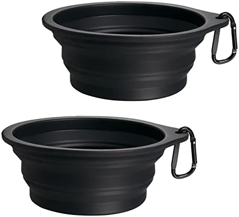 PetBonus 2-Pack Silicone Collapsible Dog Bowls, BPA Free Dishwasher Safe, Portable Foldable Expandable Travel Bowl, Food Water Feeding Cup Dish for Dogs Cats with 2 Carabiners (Black, Black) by Petbonus