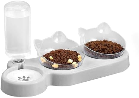 Marchul Raised Three Cat Dishes for Food and Water, Pet Feeding Bowls with Automatic Water Bottle by Marchul