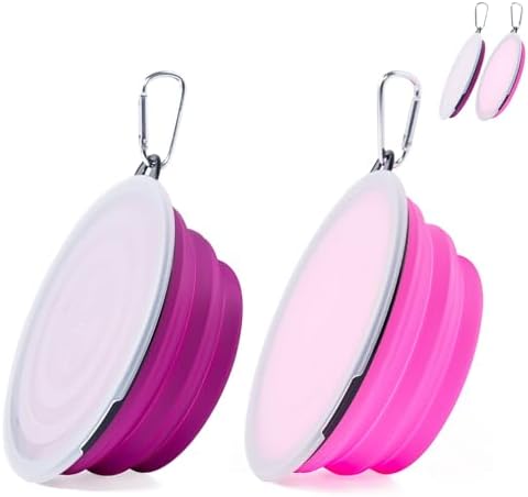 SLSON Dog Bowls Pet Collapsible Bowl with Cover Lids,2 Pack Dog Travel Bowls Portable Foldable Cat Water Dish Bowl for Pets Walking Parking Camping (Pink and Purple, Large) by SLSON