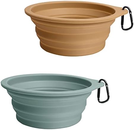 PetBonus 2-Pack Silicone Collapsible Dog Bowls, BPA Free Dishwasher Safe, Portable Foldable Expandable Travel Bowl, Food Water Feeding Cup Dish for Dogs Cats with 2 Carabiners (Turquoise, Tan) by Petbonus