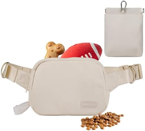 Prpeko Dog Treat Pouch Fanny Pack,Treat Pouches for Pet Training with Removable Snack Pouch,Pet Waist Belt with Poop Bag Dispenser,Dog Walking Training Bag (Beige) by Prpeko