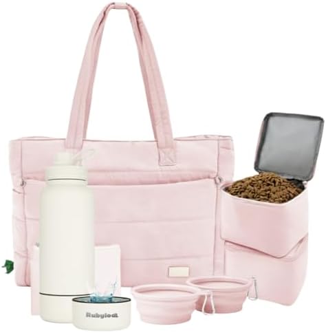 Rubyloo Dog Mom Essentials Bundle - Puffer Tote with Storage Containers (Pink) and 32 oz Water Bottle with Detachable Bowl (Solid Cream) - Travel Bag and Hydration Set by Rubyloo