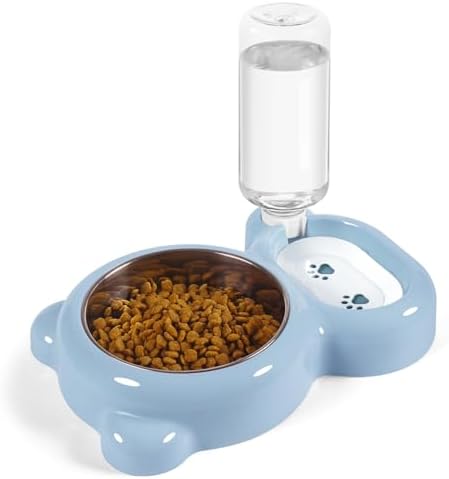 Dog Bowls, Cat Food and Water Bowl Set with Water Dispenser and Stainless Steel Bowl for Cats and Small Dogs - Light Blue by Azwraith