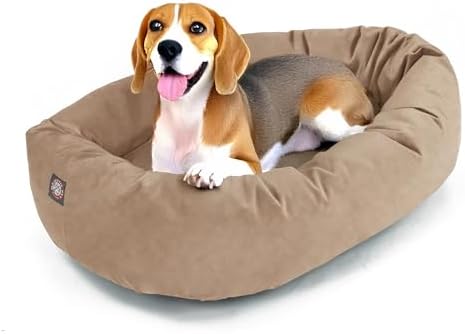 Majestic Pet Suede Shredded Memory Foam Mix Calming Dog Bed Washable - Cozy Soft Round Dog Bed with Spine for Head Support - Fluffy Donut Dog Bed, 32 Inch, Stone by MajesticPet