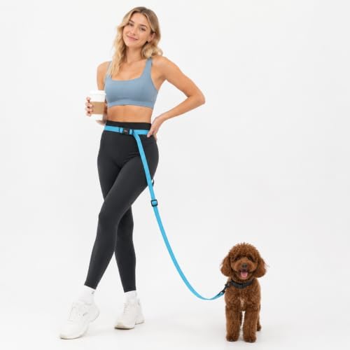 Kazazoo Hands-Free Dog Leash Adjustable Length 5-8 Ft Crossbody &Waist for Dog Walking, Running for Small &Medium Dogs with Reflective Strips, Ballistic Nylon, Waist Belt, Sky Blue by Kazazoo