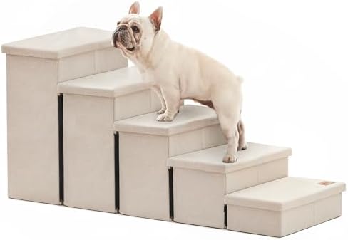 Love's cabin Dog Stairs for High Bed, Foldable Pet Stairs for Small Medium or Large Dogs Puppy with Storage for Bed or Couch, Cat Dog Steps Ramp with Zip up to 200 lbs, Beige, 5 Steps by Lovescabin