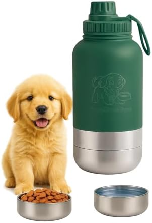 PuppiLovePets PuppiTravelBowl 3-in-1 Dog Travel Water Bottle – 32oz Insulated Aluminum Container with 2 Detachable Cups, Leak-Proof & BPA-Free Portable Feeder for Hiking and Travel – Green by PuppiLovePets