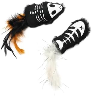 Halloween Cat Toys – 2-Pack Interactive Plush Fishbone and Mouse Bone Catnip Toys with Feather Tails for Indoor Cats by Haourlife