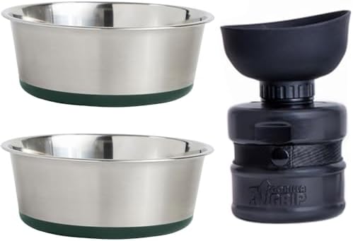 Gorilla Grip Stainless Steel Dog Bowl Set of 2 and Portable Water Bottle, 2 Cup Heavy Duty Stainless Steel Bowls Hunter Green, 12 oz Food Grade Silicone Bottle with Bowl Cap Black, 2 Item Bundle by GorillaGrip