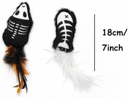 Halloween Cat Toys – 2-Pack Interactive Plush Fishbone and Mouse Bone Catnip Toys with Feather Tails for Indoor Cats - Image 5