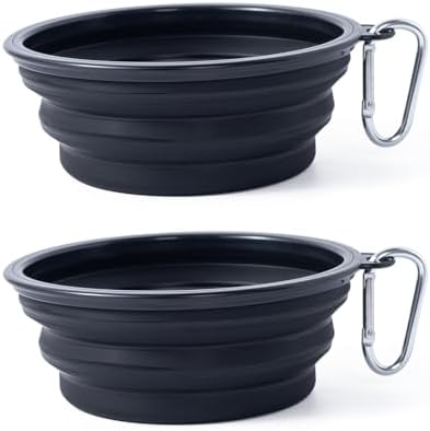 Dog Bowl Pet Collapsible Bowls, 2 Pack Collapsible Dog Water Bowls for Cats Dogs, Portable Pet Feeding Watering Dish for Walking Parking Traveling with 2 Carabiners (Black+Black, Medium) by SLSON