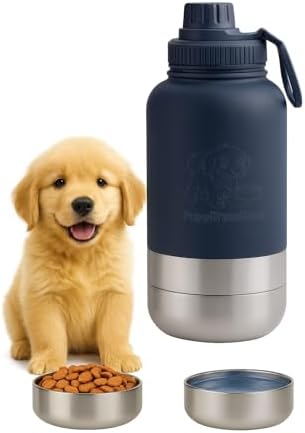 PuppiLovePets PuppiTravelBowl 3-in-1 Dog Travel Water Bottle – 32oz Insulated Aluminum Container with 2 Detachable Cups, Leak-Proof & BPA-Free Portable Feeder for Hiking and - Navy Blue by PuppiLovePets