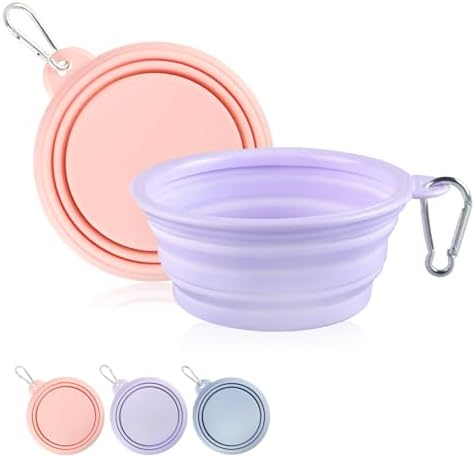 Collapsible Dog Bowls 2-Pack, Portable Travel Dog Bowl with Carabiner, Food-Grade Silicone Pet Bowl for Hiking, Walking (22 OZ Macaron Pink and Violet) by TECOPH