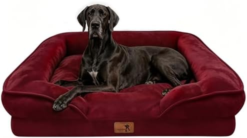 Spotted Play Orthopedic Dog Bed with Sides - Sofa Beds for Extra Large Dogs, Supportive Foam Pet Couch Bed with Washable Removable Cover, Waterproof Lining and Non-Slip Bottom, Burgundy - XXL by Spotted+Play
