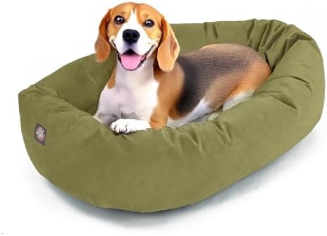 Majestic Pet 32 Inch Suede Calming Dog Bed Washable – Cozy Soft Round Dog Bed with Spine Support for Dogs to Rest Their Head - Fluffy Donut Dog Bed 32x23x7 (Inch) - Round Pet Bed Medium – Sage (2025) by MajesticPet