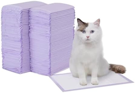 Amazon Basics Cat Pee Pads, Super Absorbent, Odor Control, Unscented, Universal Fit for Litter Box, Disposable, White/Purple, 100 Count by AmazonBasics
