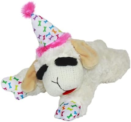 Multipet Lamb Chop Dog Plush Toy with Birthday Hat - Squeaky Dog Toy by Multipet
