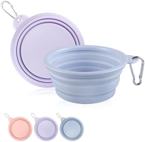 Collapsible Dog Bowls 2-Pack, Portable Travel Dog Bowl with Carabiner, Food-Grade Silicone Pet Bowl for Hiking, Walking (22 OZ Macaron Blue and Violet) by TECOPH