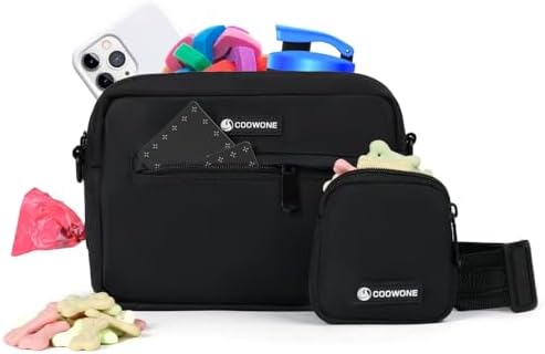 Dog Treat Pouch with Removable Small Pet Training Treat Pouches, Built-in Poop Bag Dispenser, Adjustable Shoulder Strap Cross Body Dog Walking Bag (Black) by COOWONE