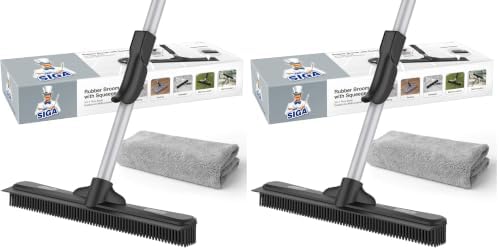MR.SIGA Pet Hair Removal Rubber Broom with Built in Squeegee, 3 in 1 Floor Brush for Carpet, 61 inch Adjustable Handle, Includes 1 Microfiber Cloth for Floor Dusting (Pack of 2) by MRSIGA