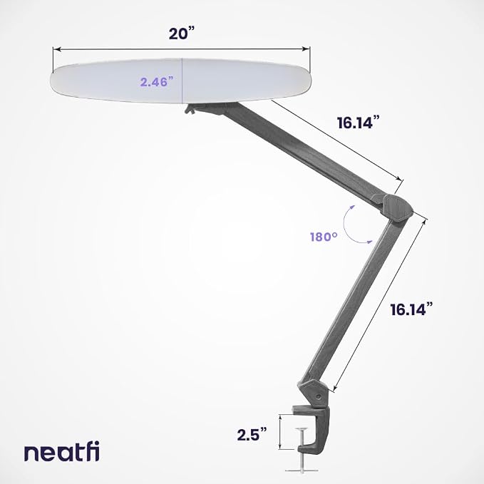 Neatfi XL 2200 Lumens 24W LED Desk Lamp – Shadow-Free Task Lighting | 4-Level Dimming | Home Office & Crafts Use | 20-Inch Wide Head (Gray Wood, Non-CCT with Clamp) - Image 8