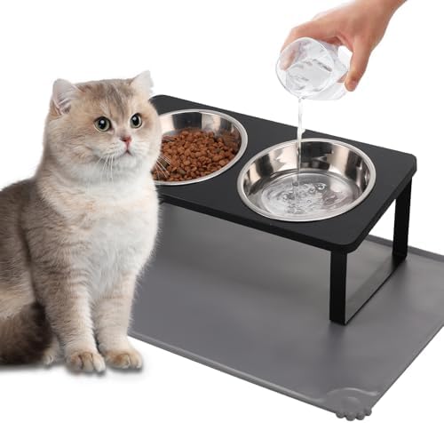 Summark Upgraded Elevated Cat Bowls with Food Mat,15°Tilted Stand Anti Vomiting Raised Cat Dishes for Food and Water,2 Stainless Steel Bowls for Cats and Puppy（Black） by Summark