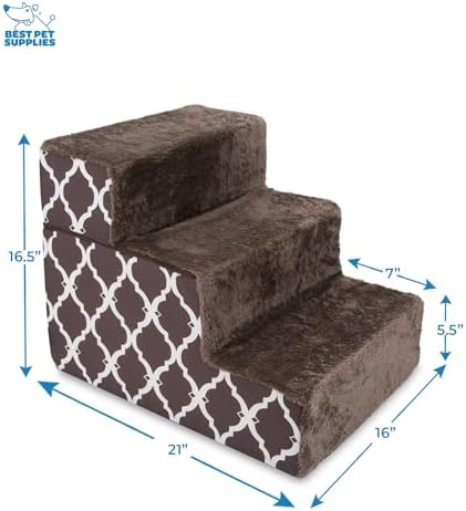 Best Pet Supplies Dog Stairs & Steps - Foam Steps for Small Dogs & Cats, Non-Slip Indoor Balanced Pet Step Support, Dog Ramp, No Assembly, Brown Lattice Print, Foldable 3-Step (16.5-inch Height) - Image 2