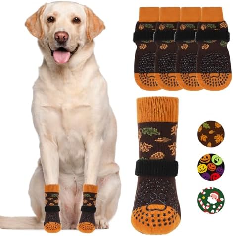 KOOLTAIL Fall Anti Slip Dog Socks for Hot/Cold Pavement to Prevent Licking Paws, Thanksgiving Dog Boots&Paw Protector with Grippers for Hardwood Floors, Traction Booties for Small Medium Large Dogs, L by KOOLTAIL