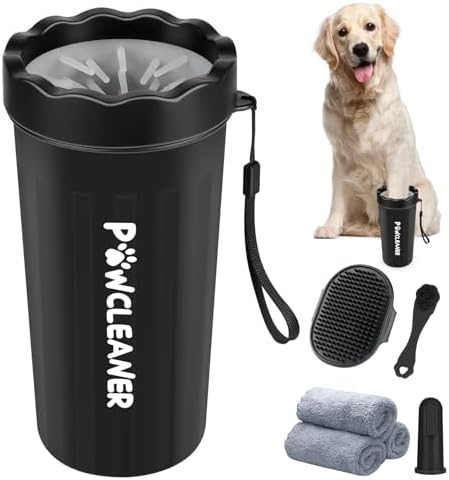 Professional 7 in 1 Dog Paw Cleaner for Dogs & Cats - Includes 1 Portable Paw Washer, 1 Bath Brush, 2 Dog Toothbrushes and 3 Absorbent Towels Note: Fits Paws 2.5 to 3.5 Inches Wide (Large, Black) by Comotech