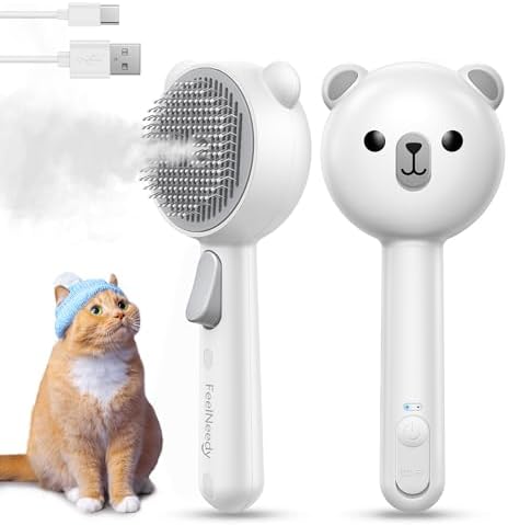 Cat Steam Brush, Brushes for Indoor Cats with Release Button, Undercoat Removal Grooming Supplies, Dual Spray USB Rechargeable, Cat Brush for Shedding for All Long-haired and Short-haired Pets by FEELNEEDY
