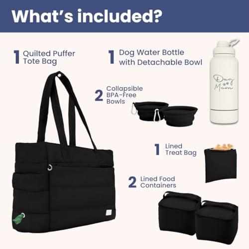 Rubyloo Dog Mom Essentials Bundle - Puffer Tote with Storage Containers (Black) and 32 oz Water Bottle with Detachable Bowl (Dog Mom) - Travel Bag and Hydration Set - Image 2