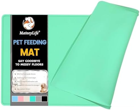 MateeyLife Dog & Cat Food Mat - Waterproof, Nonslip, Raised Edges, Silicone Tray for Messy Drinkers, 24"x16", Mint Green by MateeyLife