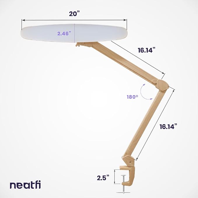 Neatfi XL 2200 Lumens 24W LED Desk Lamp – Shadow-Free Task Lighting | 4-Level Dimming | Home Office & Crafts Use | 20-Inch Wide Head (Brown Wood, Non-CCT with Clamp) - Image 8