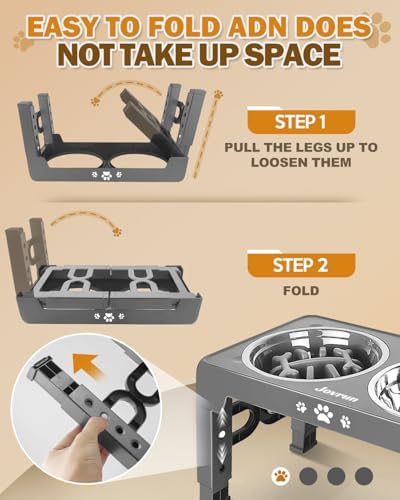 Jovrun Elevated Dog Bowls for Medium Large Size Dogs, Non-Slip Dog Feeder with 1*Stainless Steel Dishes & 1*Slow Feeder Bowl, 5 Heights Adjustable Raised Bowls to 3.15″-8.66″-9.84″-11.02″-12.2″ - Image 6