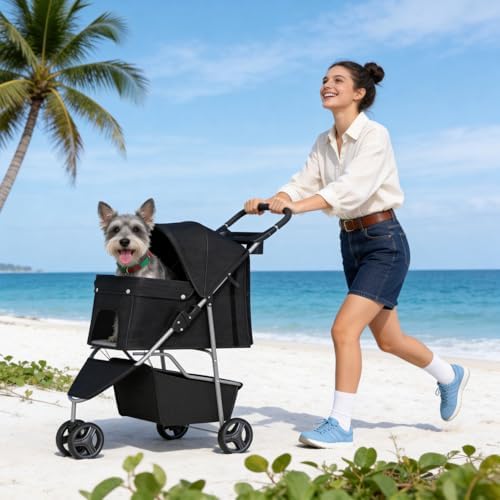 BestPet | 3-Wheel Pet Stroller | Dog and Cat Stroller | Breathable Mesh | Lightweight Travel Carrier | Waterproof & Foldable Design | Storage Basket | Black | for Daily Walks & Outdoor Use - Image 2